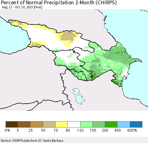 Azerbaijan, Armenia and Georgia Percent of Normal Precipitation 2-Month (CHIRPS) Thematic Map For 8/11/2023 - 10/10/2023