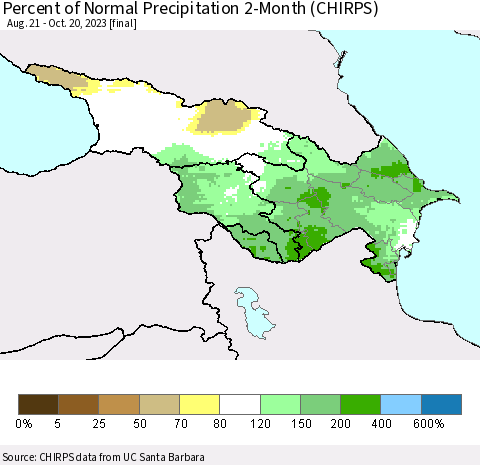 Azerbaijan, Armenia and Georgia Percent of Normal Precipitation 2-Month (CHIRPS) Thematic Map For 8/21/2023 - 10/20/2023