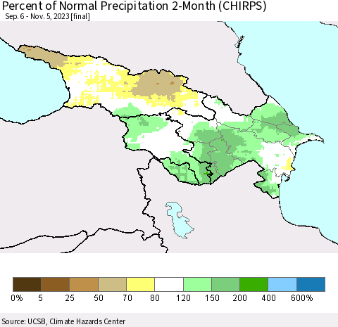 Azerbaijan, Armenia and Georgia Percent of Normal Precipitation 2-Month (CHIRPS) Thematic Map For 9/6/2023 - 11/5/2023
