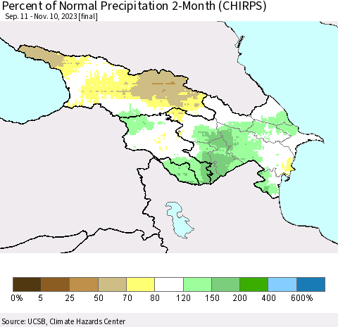 Azerbaijan, Armenia and Georgia Percent of Normal Precipitation 2-Month (CHIRPS) Thematic Map For 9/11/2023 - 11/10/2023