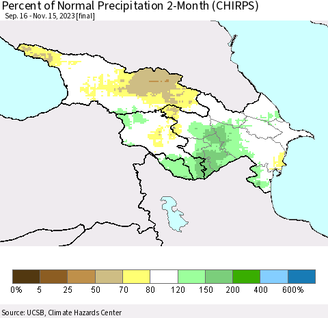 Azerbaijan, Armenia and Georgia Percent of Normal Precipitation 2-Month (CHIRPS) Thematic Map For 9/16/2023 - 11/15/2023