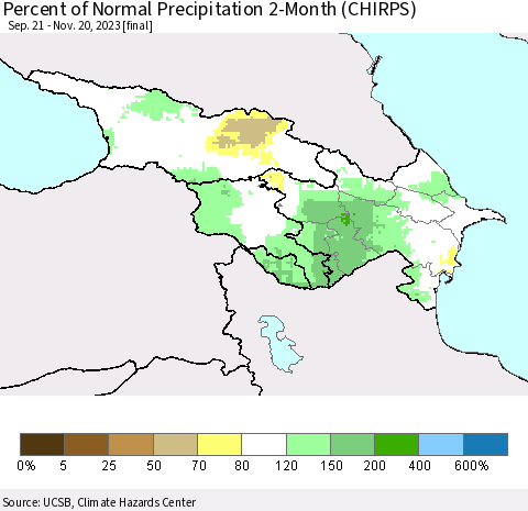 Azerbaijan, Armenia and Georgia Percent of Normal Precipitation 2-Month (CHIRPS) Thematic Map For 9/21/2023 - 11/20/2023