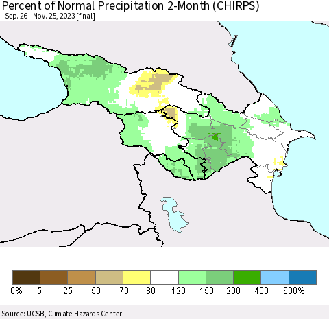 Azerbaijan, Armenia and Georgia Percent of Normal Precipitation 2-Month (CHIRPS) Thematic Map For 9/26/2023 - 11/25/2023