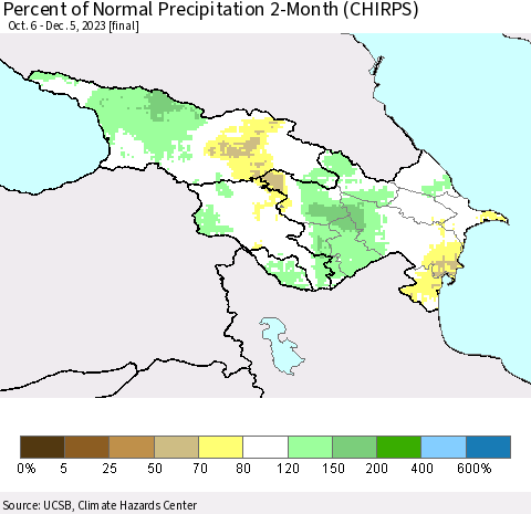 Azerbaijan, Armenia and Georgia Percent of Normal Precipitation 2-Month (CHIRPS) Thematic Map For 10/6/2023 - 12/5/2023