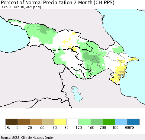 Azerbaijan, Armenia and Georgia Percent of Normal Precipitation 2-Month (CHIRPS) Thematic Map For 10/11/2023 - 12/10/2023