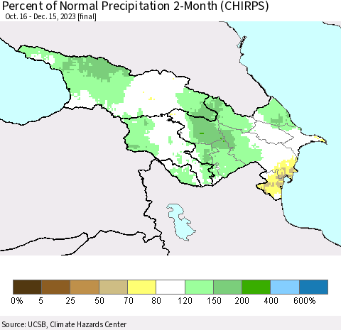 Azerbaijan, Armenia and Georgia Percent of Normal Precipitation 2-Month (CHIRPS) Thematic Map For 10/16/2023 - 12/15/2023