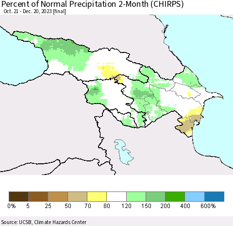 Azerbaijan, Armenia and Georgia Percent of Normal Precipitation 2-Month (CHIRPS) Thematic Map For 10/21/2023 - 12/20/2023