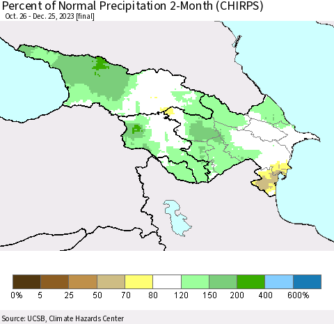 Azerbaijan, Armenia and Georgia Percent of Normal Precipitation 2-Month (CHIRPS) Thematic Map For 10/26/2023 - 12/25/2023