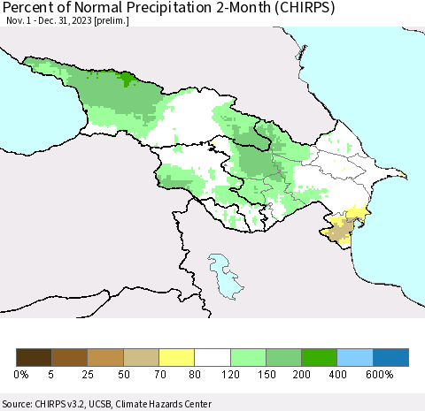 Azerbaijan, Armenia and Georgia Percent of Normal Precipitation 2-Month (CHIRPS) Thematic Map For 11/1/2023 - 12/31/2023