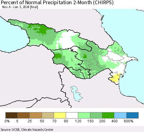Azerbaijan, Armenia and Georgia Percent of Normal Precipitation 2-Month (CHIRPS) Thematic Map For 11/6/2023 - 1/5/2024