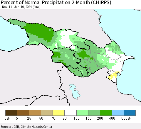 Azerbaijan, Armenia and Georgia Percent of Normal Precipitation 2-Month (CHIRPS) Thematic Map For 11/11/2023 - 1/10/2024