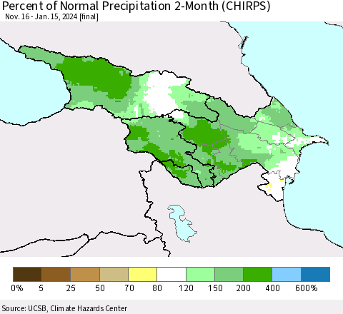 Azerbaijan, Armenia and Georgia Percent of Normal Precipitation 2-Month (CHIRPS) Thematic Map For 11/16/2023 - 1/15/2024