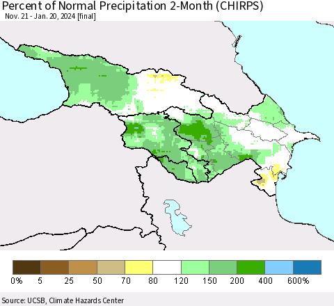 Azerbaijan, Armenia and Georgia Percent of Normal Precipitation 2-Month (CHIRPS) Thematic Map For 11/21/2023 - 1/20/2024