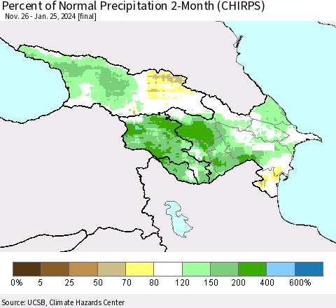 Azerbaijan, Armenia and Georgia Percent of Normal Precipitation 2-Month (CHIRPS) Thematic Map For 11/26/2023 - 1/25/2024