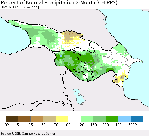 Azerbaijan, Armenia and Georgia Percent of Normal Precipitation 2-Month (CHIRPS) Thematic Map For 12/6/2023 - 2/5/2024