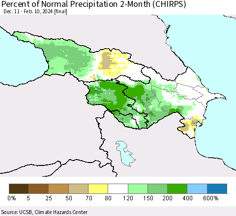 Azerbaijan, Armenia and Georgia Percent of Normal Precipitation 2-Month (CHIRPS) Thematic Map For 12/11/2023 - 2/10/2024