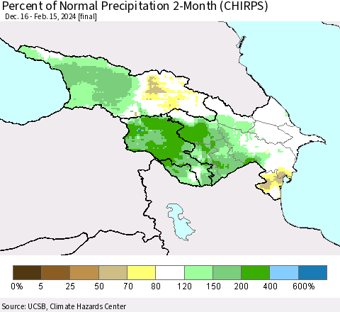 Azerbaijan, Armenia and Georgia Percent of Normal Precipitation 2-Month (CHIRPS) Thematic Map For 12/16/2023 - 2/15/2024