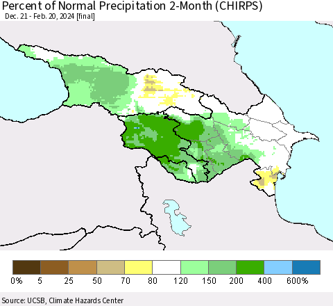 Azerbaijan, Armenia and Georgia Percent of Normal Precipitation 2-Month (CHIRPS) Thematic Map For 12/21/2023 - 2/20/2024