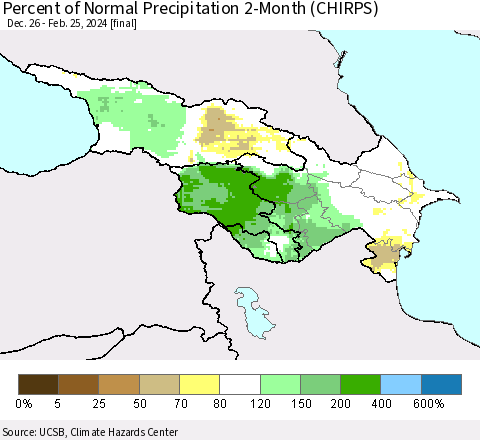 Azerbaijan, Armenia and Georgia Percent of Normal Precipitation 2-Month (CHIRPS) Thematic Map For 12/26/2023 - 2/25/2024