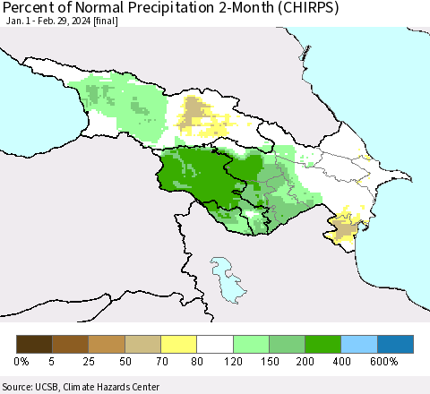 Azerbaijan, Armenia and Georgia Percent of Normal Precipitation 2-Month (CHIRPS) Thematic Map For 1/1/2024 - 2/29/2024