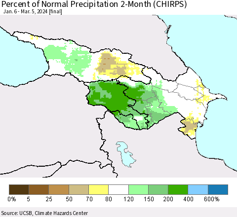 Azerbaijan, Armenia and Georgia Percent of Normal Precipitation 2-Month (CHIRPS) Thematic Map For 1/6/2024 - 3/5/2024