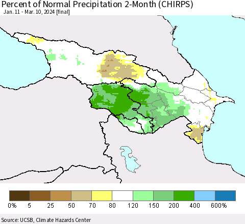 Azerbaijan, Armenia and Georgia Percent of Normal Precipitation 2-Month (CHIRPS) Thematic Map For 1/11/2024 - 3/10/2024