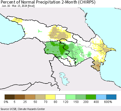 Azerbaijan, Armenia and Georgia Percent of Normal Precipitation 2-Month (CHIRPS) Thematic Map For 1/16/2024 - 3/15/2024