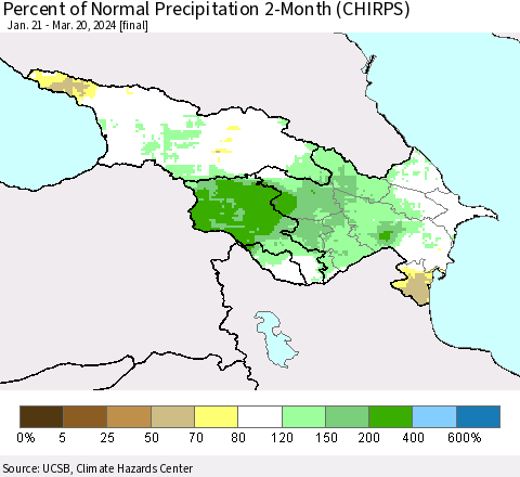 Azerbaijan, Armenia and Georgia Percent of Normal Precipitation 2-Month (CHIRPS) Thematic Map For 1/21/2024 - 3/20/2024