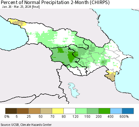Azerbaijan, Armenia and Georgia Percent of Normal Precipitation 2-Month (CHIRPS) Thematic Map For 1/26/2024 - 3/25/2024