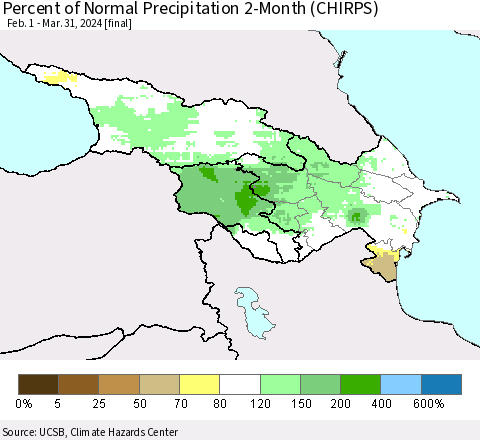 Azerbaijan, Armenia and Georgia Percent of Normal Precipitation 2-Month (CHIRPS) Thematic Map For 2/1/2024 - 3/31/2024