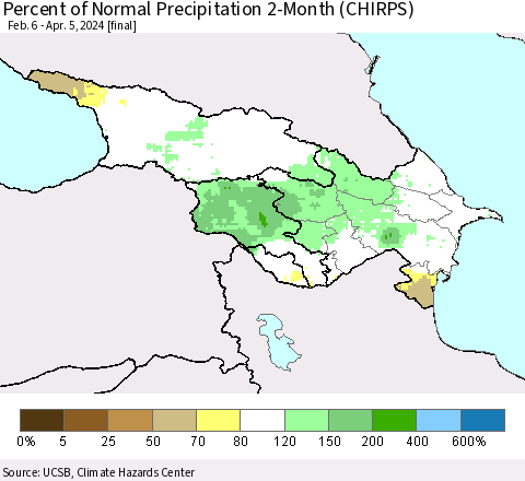 Azerbaijan, Armenia and Georgia Percent of Normal Precipitation 2-Month (CHIRPS) Thematic Map For 2/6/2024 - 4/5/2024