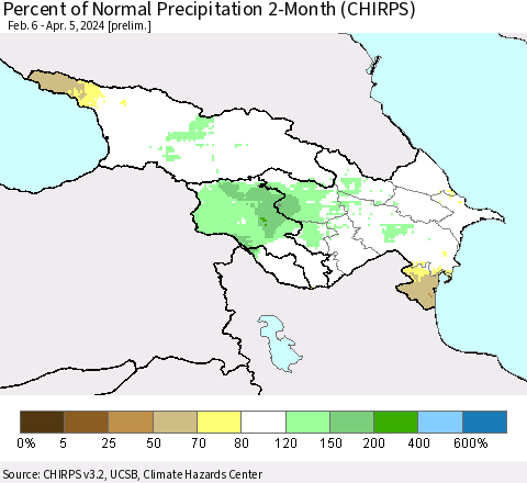 Azerbaijan, Armenia and Georgia Percent of Normal Precipitation 2-Month (CHIRPS) Thematic Map For 2/6/2024 - 4/5/2024