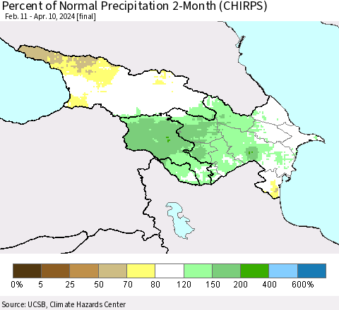 Azerbaijan, Armenia and Georgia Percent of Normal Precipitation 2-Month (CHIRPS) Thematic Map For 2/11/2024 - 4/10/2024