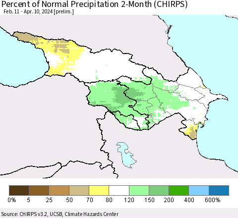 Azerbaijan, Armenia and Georgia Percent of Normal Precipitation 2-Month (CHIRPS) Thematic Map For 2/11/2024 - 4/10/2024
