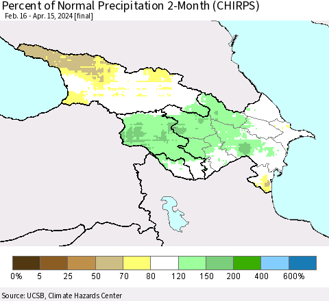 Azerbaijan, Armenia and Georgia Percent of Normal Precipitation 2-Month (CHIRPS) Thematic Map For 2/16/2024 - 4/15/2024