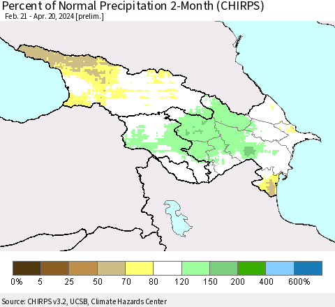 Azerbaijan, Armenia and Georgia Percent of Normal Precipitation 2-Month (CHIRPS) Thematic Map For 2/21/2024 - 4/20/2024