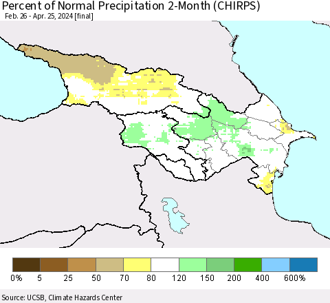 Azerbaijan, Armenia and Georgia Percent of Normal Precipitation 2-Month (CHIRPS) Thematic Map For 2/26/2024 - 4/25/2024