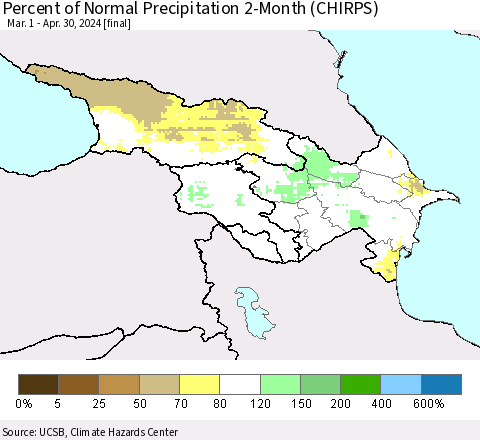 Azerbaijan, Armenia and Georgia Percent of Normal Precipitation 2-Month (CHIRPS) Thematic Map For 3/1/2024 - 4/30/2024