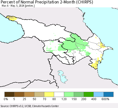 Azerbaijan, Armenia and Georgia Percent of Normal Precipitation 2-Month (CHIRPS) Thematic Map For 3/6/2024 - 5/5/2024