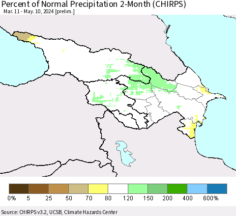 Azerbaijan, Armenia and Georgia Percent of Normal Precipitation 2-Month (CHIRPS) Thematic Map For 3/11/2024 - 5/10/2024