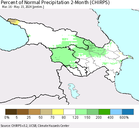 Azerbaijan, Armenia and Georgia Percent of Normal Precipitation 2-Month (CHIRPS) Thematic Map For 3/16/2024 - 5/15/2024