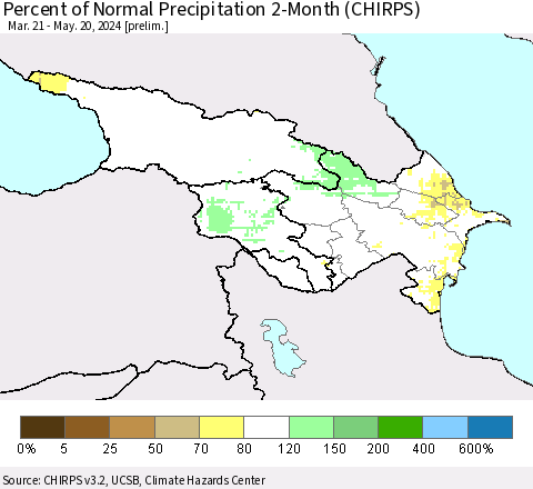 Azerbaijan, Armenia and Georgia Percent of Normal Precipitation 2-Month (CHIRPS) Thematic Map For 3/21/2024 - 5/20/2024