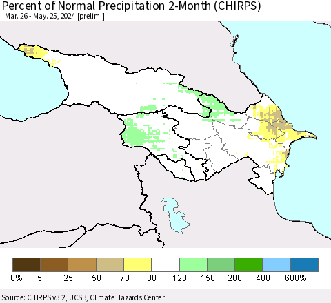 Azerbaijan, Armenia and Georgia Percent of Normal Precipitation 2-Month (CHIRPS) Thematic Map For 3/26/2024 - 5/25/2024