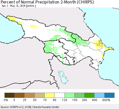 Azerbaijan, Armenia and Georgia Percent of Normal Precipitation 2-Month (CHIRPS) Thematic Map For 4/1/2024 - 5/31/2024
