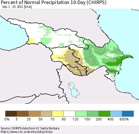 Azerbaijan, Armenia and Georgia Percent of Normal Precipitation 10-Day (CHIRPS) Thematic Map For 9/1/2021 - 9/10/2021