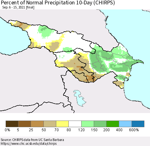 Azerbaijan, Armenia and Georgia Percent of Normal Precipitation 10-Day (CHIRPS) Thematic Map For 9/6/2021 - 9/15/2021