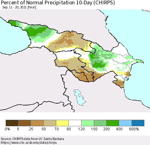 Azerbaijan, Armenia and Georgia Percent of Normal Precipitation 10-Day (CHIRPS) Thematic Map For 9/11/2021 - 9/20/2021