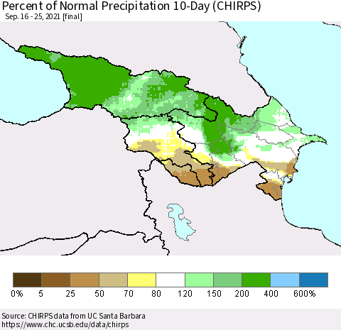 Azerbaijan, Armenia and Georgia Percent of Normal Precipitation 10-Day (CHIRPS) Thematic Map For 9/16/2021 - 9/25/2021