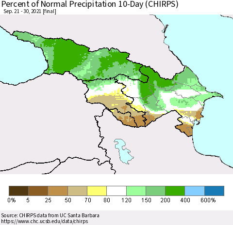 Azerbaijan, Armenia and Georgia Percent of Normal Precipitation 10-Day (CHIRPS) Thematic Map For 9/21/2021 - 9/30/2021