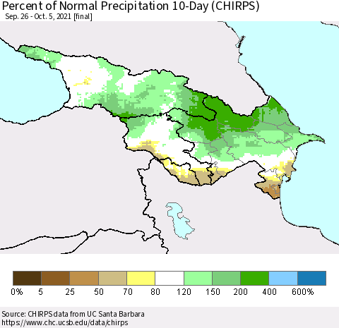 Azerbaijan, Armenia and Georgia Percent of Normal Precipitation 10-Day (CHIRPS) Thematic Map For 9/26/2021 - 10/5/2021